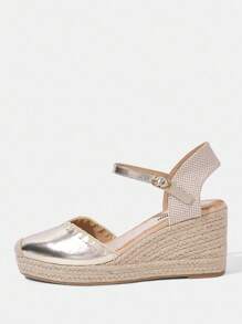 Styleloop Women's Pleated Strap Jute Bottom Platform Wedge Sandals, Bohemian Style - Gold - View 2