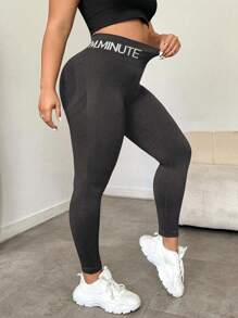 Easithlete Plus Size Women High Waist Letter Print Elastic Tight Leggings