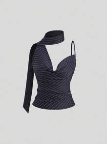 Sweetra Camiseta sin tirantes versátil con estilo asimétrico y estampado de rayas, con estética urbana y elegante del estilo Y2K - Azul - Ver 1