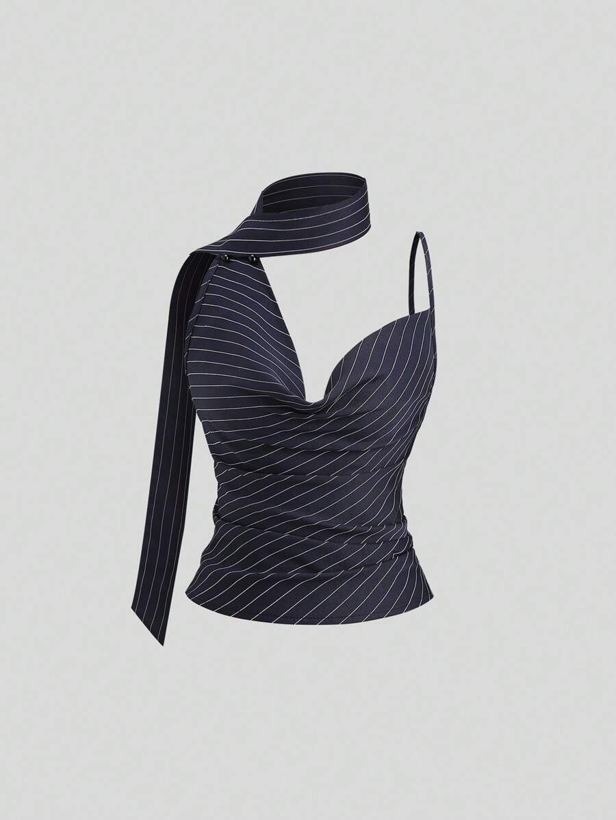 Sweetra Camiseta sin tirantes versátil con estilo asimétrico y estampado de rayas, con estética urbana y elegante del estilo Y2K - Azul - Ver 1