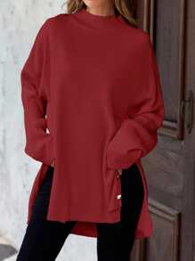 SHEIN Cottnline Suéter De Talla Grande Con Detalles De Botón Y Abertura Lateral - Rojo - Ver 4
