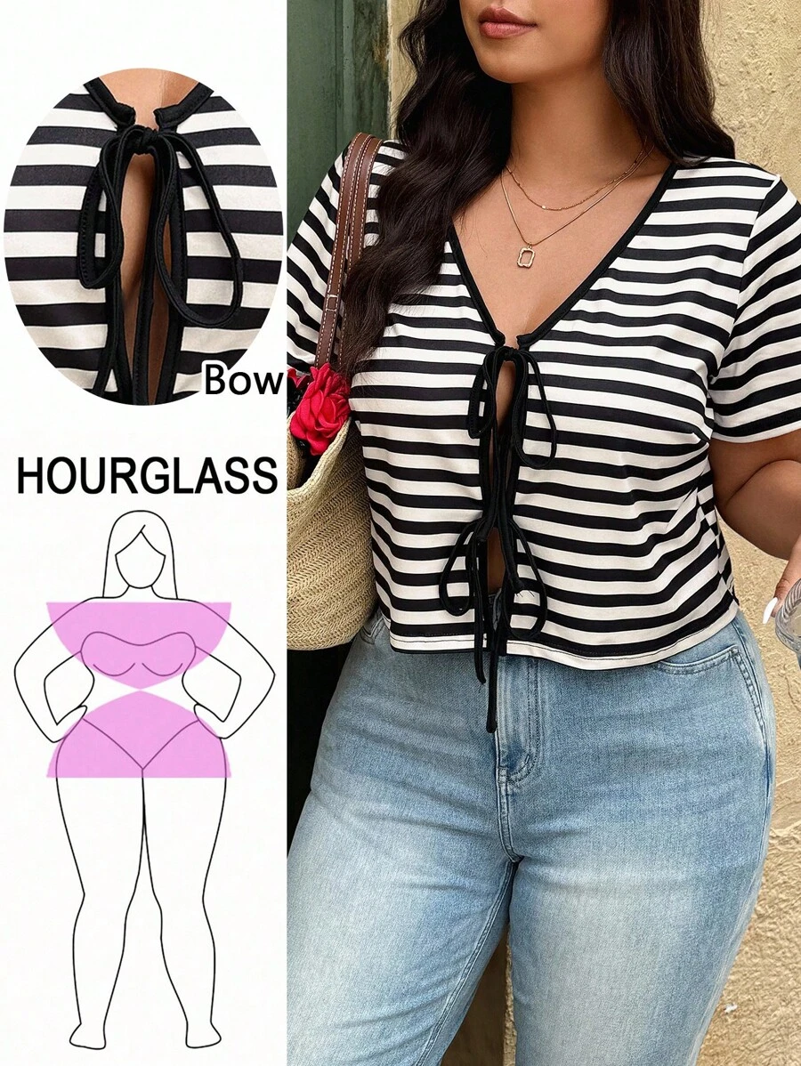 SHEIN LUNE Plus Size Women Summer Stripe Front Tie Short Sleeve Casual T-Shirt - Black and White - View 1