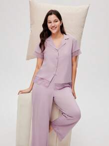 LUVLETTE Bộ đồ ngủ mùa hè cho nữ, chất liệu 100% cotton nguyên chất, thoáng khí, màu hồng tím nhạt, phối ren thanh lịch, kiểu dáng rừng sương, gồm áo ngắn tay cài cúc và quần dài, kiểu dáng thoải mái, thoáng mát, có túi, thích hợp cho không gian sống lãng mạn và ấm cúng tại nhà. - Màu tím - Xem 5