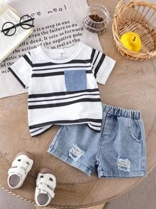 SHEIN Vintaside Kids 2pcs/Set Toddler Infant Baby Boys Casual Striped Pocket Round Neck Short Sleeve T-Shirt And Ripped Washed Denim Shorts, Spring/Summer - Multicolor - View 3