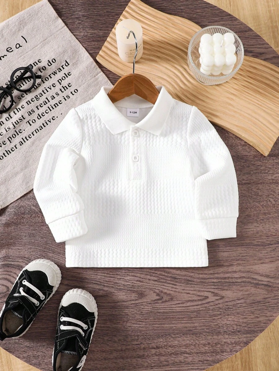 SHEIN Vintaside Kids 男婴休闲纯白色长袖纽扣领 Polo 衫,适合春秋季节 - 白色 - 查看 1