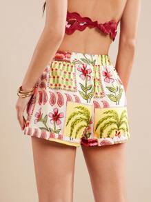 L'Amorae شورت إجازة ربيعية صيفية تريبويكال بطباعة مشرط مع تفاصيل زخرفة موجية - متعدد الألوان - مشاهدة 6