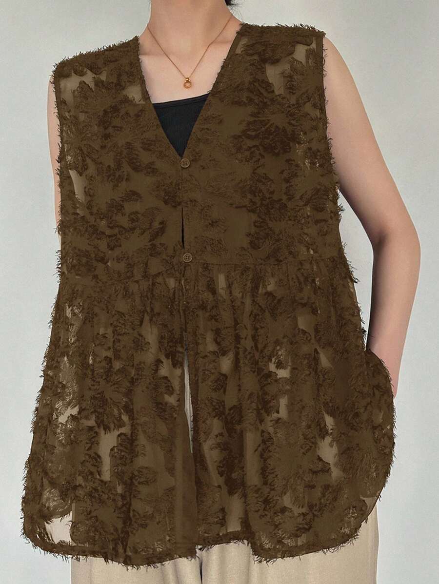 FRIFUL 女式V领纹理宽松无袖背心 - 棕色 - 查看 1