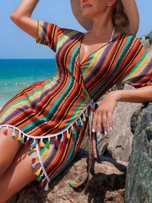 Swim Vcay Kimono họa tiết chắp vá cổ áo tua rua trang trí cho kỳ nghỉ bãi biển mùa hè của phụ nữ - Nhiều màu - Xem 3