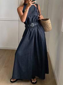 Livesso Western Cowgirl Sleeveless Cinched Waist A-Line Midi Skirt Casual Holiday Denim Dress For Women, Summer