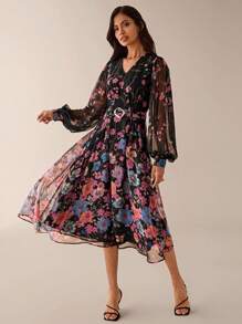 Lilora Women's Elegant Floral Print V-Neck Lantern Sleeve Dress, Floral Dress, Chiffon Dresses For Women, Kimono Dress, Floral Kimono Dress, Black Floral Dress - Black - View 6