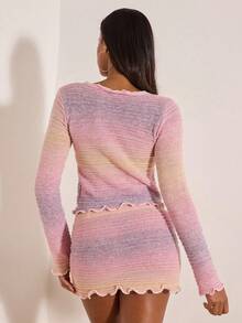 Opulessa Women's Ombre V-Neck Lettuce Trim Cropped Knit Top, Suitable For Spring And Autumn,Business Casual Woman Style, Concert, Party Club Fall Casual - Pink - View 2