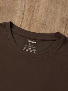 SHEIN Áo thun cổ tròn tay ngắn màu trơn cỡ lớn thường ngày, mùa hè - Màu nâu Sô-cô-la - Xem 3