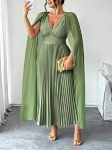 Elenzga 加大码 V 领雪纺拼接蝙蝠袖仿腰褶皱 A 字下摆褶皱休闲优雅连衣裙，适合外出、度假和聚会