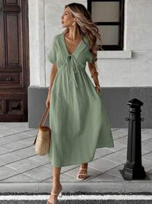 SHEIN LUNE Robe mi-longue à manches courtes casual avec nœud, couleur abricot, pour femmes