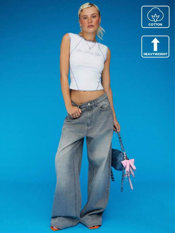 COUREZ Jeans de tiro bajo de ajuste ancho en lavado gris claro/ Conjuntos de verano Y2K para mujer Fondos de verano Jeans de tiro bajo de algodón vintage