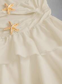 Sweetra Black Starfish & Pentagram Metal Decor Hollow-Out Backless Ruched Ruffle Hem Splicing Mini Dress, Minimalist Sweet Elegant Vacation Style, Women Spring & Summer - Apricot - View 5