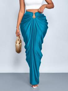 SOLERSUN Women's Fashion Solid Color Gathered Ruched Skirt - Teal Blue - View 5