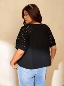 Elaquor Camisa de manga corta casual de unicolor con cuello redondo y calado, talla grande, para el verano