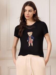 Briarwyn 夏季休闲简约小熊印花短袖T恤，返校季可爱教师图案刺绣T恤 - 黑色 - 查看 4