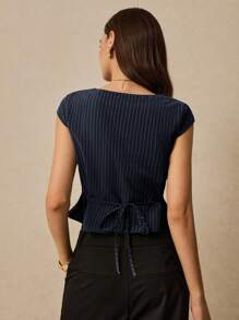 Poéselle Áo sơ mi nữ ngắn mùa hè cổ chữ V sọc dọc một hàng khuy - Màu xanh hải quân - Xem 6