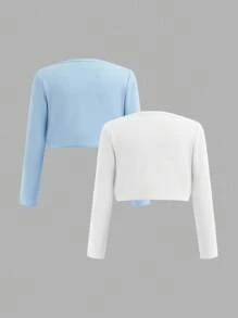 SHEIN 少女两件套休闲纯色长袖外套，适合秋冬季穿着，时尚百搭 - 藍白色 - 查看 2