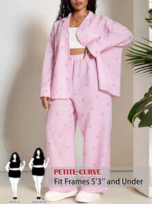 SHEIN PETITE CURVE Plus Size Women Striped Bow Print Long Sleeve Top And Pants 2 Pieces Set Old Money Outfits Two Piece Outfits For People Of Shorter Stature - Pink - View 1