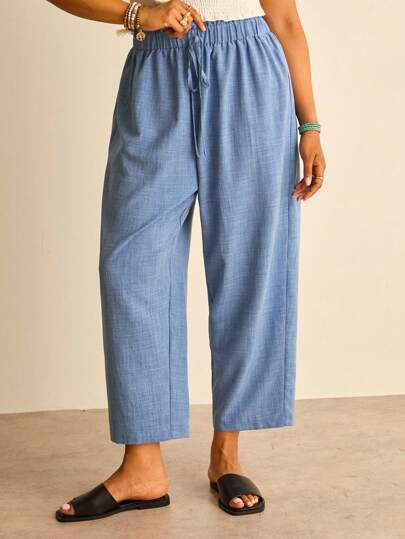 Freevana Plus Size Women Blue Drawstring High Waist Casual Tapered Pants For Vacation Women Summer Pants Elastic Waist Pants Casual Country Outfits Women Cowboy Style,Teacher Outfits For Women