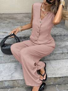 SHEIN Frenchy Women's Solid Color Single Breasted Vest And Pants Casual 2 Pieces Set Island Vacation Outfits Summer Pink - Pink - View 7