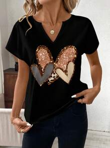 SHEIN Clasi 情人节修身缺口领短袖衬衫，带有心形印花，适合夏季情人节心形衬衫 - 黑色 - 查看 3