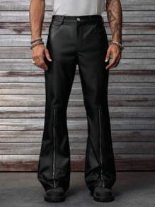 AXEPEAK Men's Street Fashion Leather Zipper Decor Pants , Fall Winter - Black - View 3