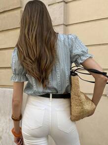 Pariaura Sweet Minus Ling Dong 真丝拼接泡泡袖条纹短袖女衬衫 - 彩色 - 查看 2