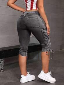 SHEIN EZwear 女式休闲水洗侧抽绳修身工装牛仔裤 - 淺灰色 - 查看 2