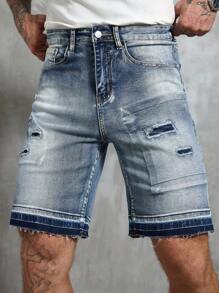 RivetRise Pantalones cortos de mezclilla de verano informales y desgastados con borde crudo para hombres