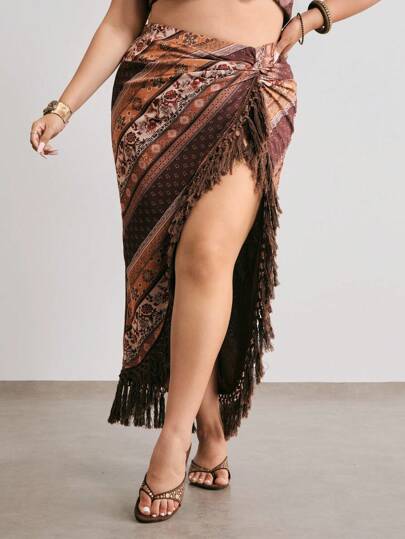 Hippie Plus Size Casual Vacation Tassel Decor High Slit Skirt