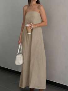 SHEIN Frenchy 大码女式纯色抹胸宽松休闲连衣裙 - 咖啡棕 - 查看 1