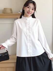 SHEIN 青少年女孩荷叶边领灯笼袖学院风休闲百搭白衬衫，优雅宫廷风白衬衫 - 白色 - 查看 3