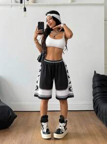 Coolane Quần short thể thao lưới thoáng khí cho nữ mùa hè, quần short bóng rổ, đồ họa lễ hội rave thể thao ngày thi đấu - Đen và trắng - Xem 6