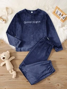 SHEIN 青少年男童两件套羊毛字母刺绣图案宽松休闲长袖睡衣套装秋冬 - 藏蓝色 - 查看 4