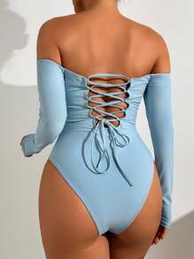 Shapewave 1pc Women's Sexy Fashion Detachable Strap One-Piece Swimsuit With Detachable Pad, Long Sleeve For Summer Beach Vacation - Blue - View 2