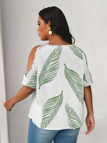 SHEIN Unity 大码 V 领露肩短袖休闲全身印花衬衫