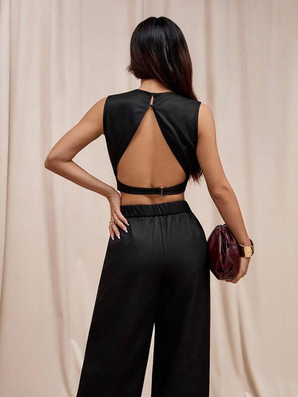 SHEIN PETITE 2pcs/Set Women Elegant Backless Crop Top & Long Pants Set