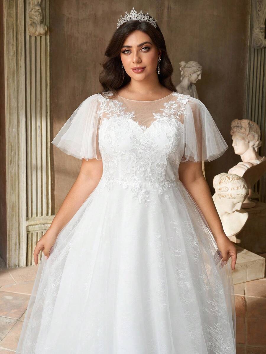 Aureia Váy cưới thêu lưới sang trọng cổ tròn họa tiết hoa đính ren tay bèo cỡ lớn thanh lịch & lãng mạn màu trắng - trắng - Xem 1