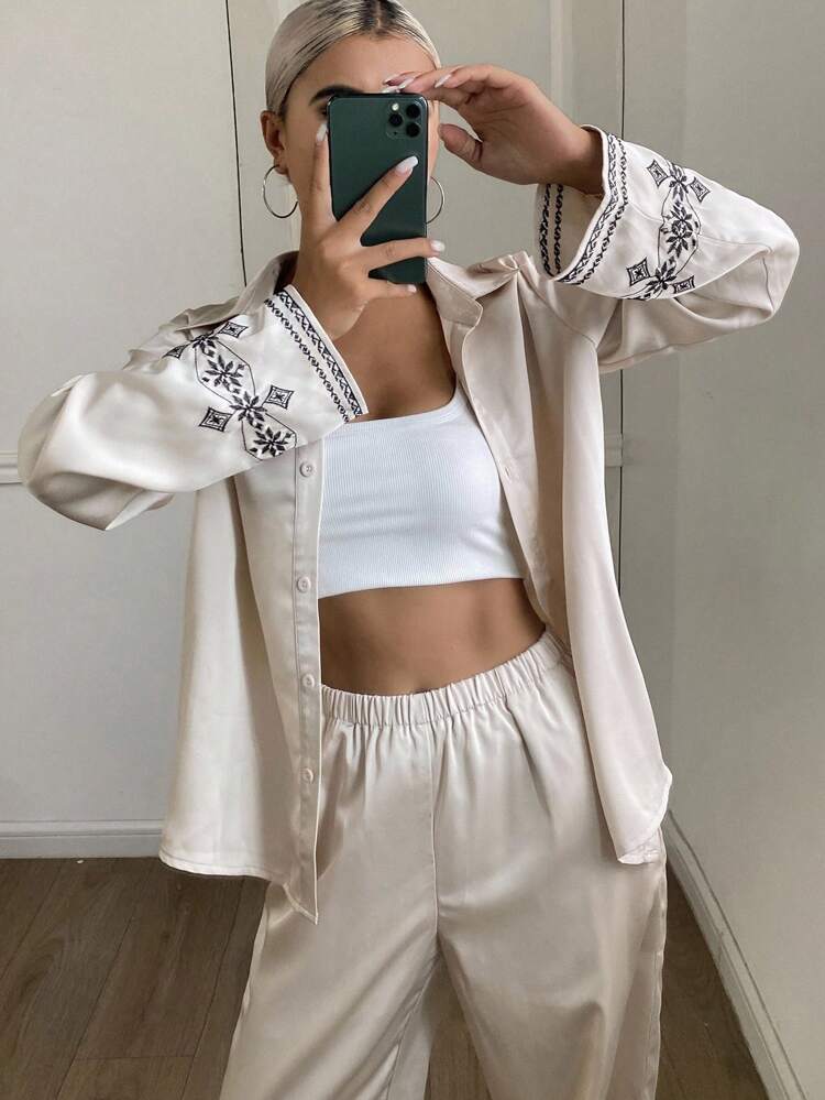 2pcs Women Casual Button Up Shirt & Long Pants Set,Fall Clothes