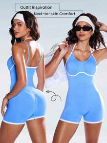 Eassivo Women's Athletic Light Blue Sports Jumpsuit, Sleeveless Spaghetti Strap Short Romper With Stylish White Contrast Binding, Perfect For Yoga, Gym, And Active Living.