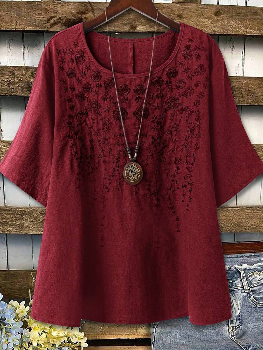 Linhara 大码女式纯色亚麻圆领刺绣七分袖休闲衬衫 - 酒紅色 - 查看 1