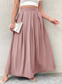 Firerie Falda larga plisada de talle alto en gris con bolsillos, cintura elástica, para otoño y vuelta al colegio, tallas grandes para mujer - Rosa vieja - Ver 6