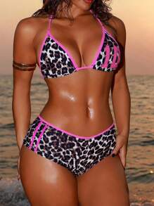 Swim SXY Bộ đồ bơi bikini hai mảnh họa tiết da báo gợi cảm dành cho nữ kèm quần đùi kiểu boxer - Hồng - Xem 1