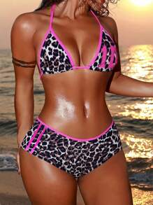 Swim SXY Bộ đồ bơi bikini hai mảnh họa tiết da báo gợi cảm dành cho nữ kèm quần đùi kiểu boxer - Hồng - Xem 6