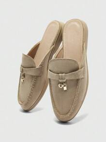 CUCCOO BIZCHIC 女士时尚杏色天鹅绒舒适通勤一脚蹬平底鞋，适合户外、休闲、工作、日常穿着 - 杏色 - 查看 3