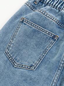 SHEIN Sparklyn 青少年女孩个性化白色蝴蝶结蓝色水洗宽松直筒牛仔裤，休闲度假风格牛仔裤 - 淺色水洗藍 - 查看 7